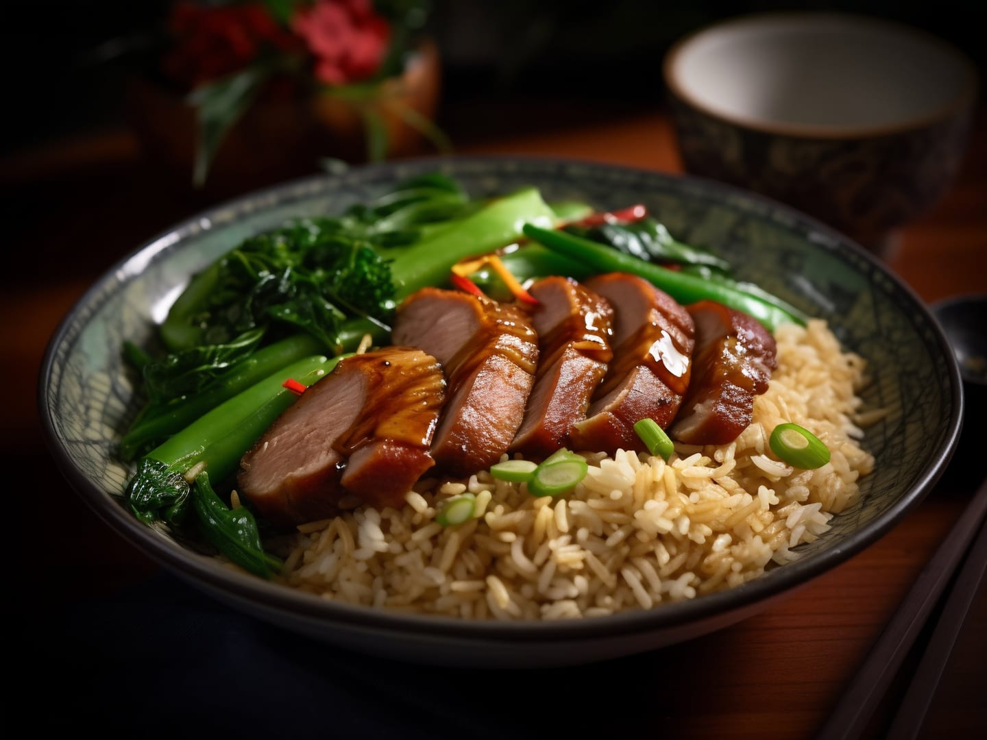 卤香猪肉、青菜和米饭盛在深色碗中